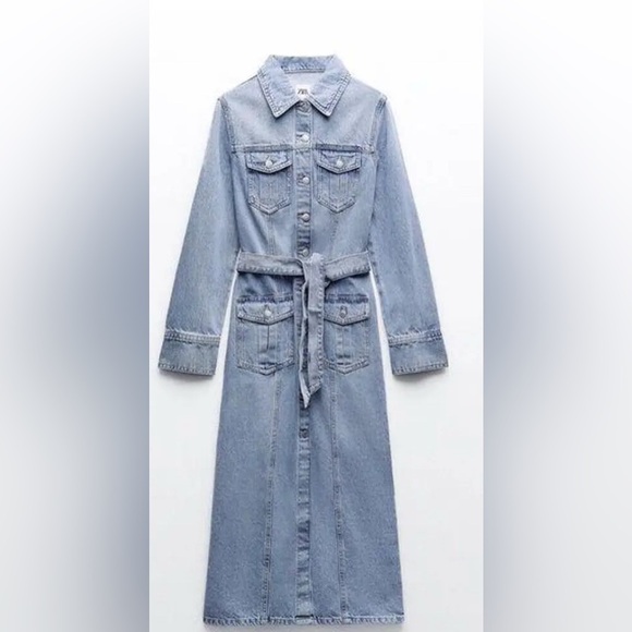 Zara Dresses & Skirts - Zara Light Blue Belted Denim Midi Dress Size M brand new